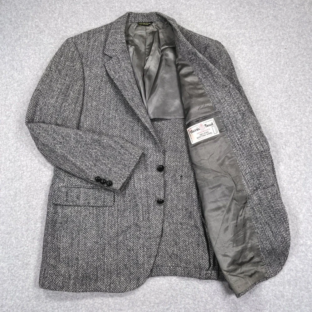 Vintage Harris Tweed Blazer Mens 42R Gray Herringbone Sport Coat Jacket Stafford